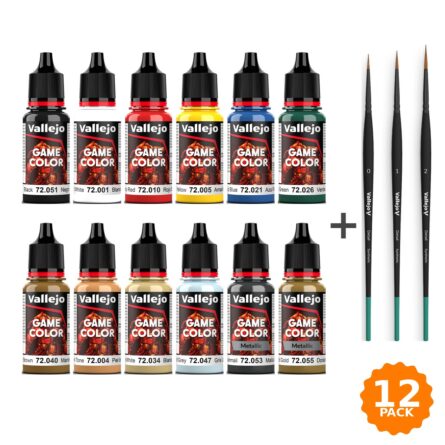 Pack de inicio de miniaturas con 12 pinturas Vallejo Game Color y un set de 3 pinceles Detail