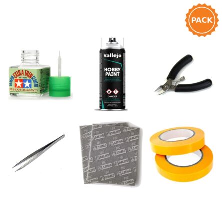 Pack primeros pasos con maquetas: cemento Tamiya, imprimación en aerosol, micro alicate de corte, pinza, lija con esponja y cinta de enmascarar