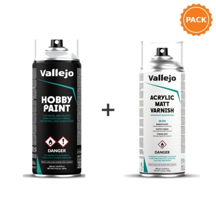 Pack de protección Vallejo con una imprimación y un barniz acrílico en aerosol de 400 ml